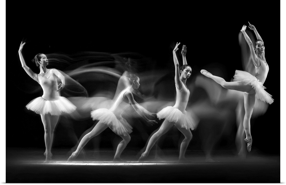 Long exposure photo of a ballerina dancing across the stage, showing four different poses.