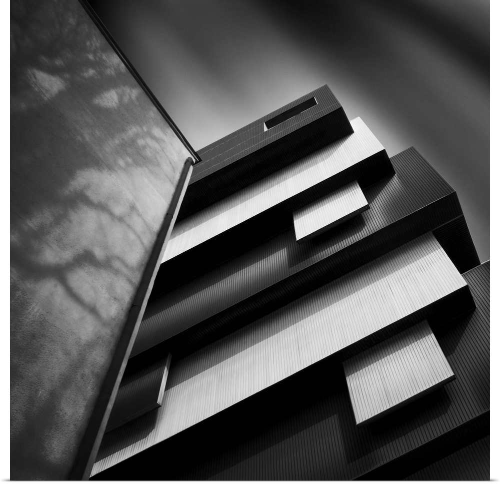 Black and white photo of decorative architecture, creating an abstract image.