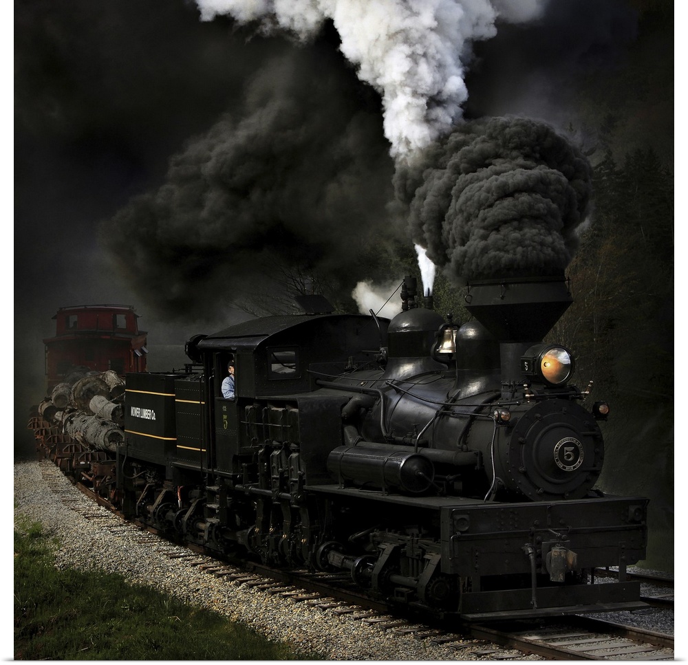 A steam locomotive with billowing smoke coming out of its smokestacks.