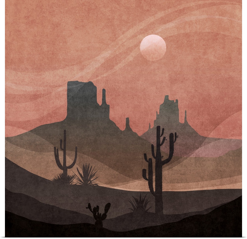 A stylized graphic desert scene in layers of greys and dark rose pink - a contemporary illustration in warm shades.