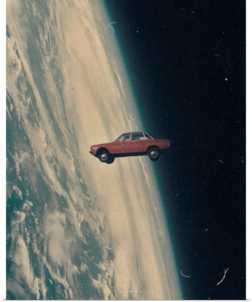 A surrealist collage illustration of a vintage car flying in space, in the style of retro futurism
