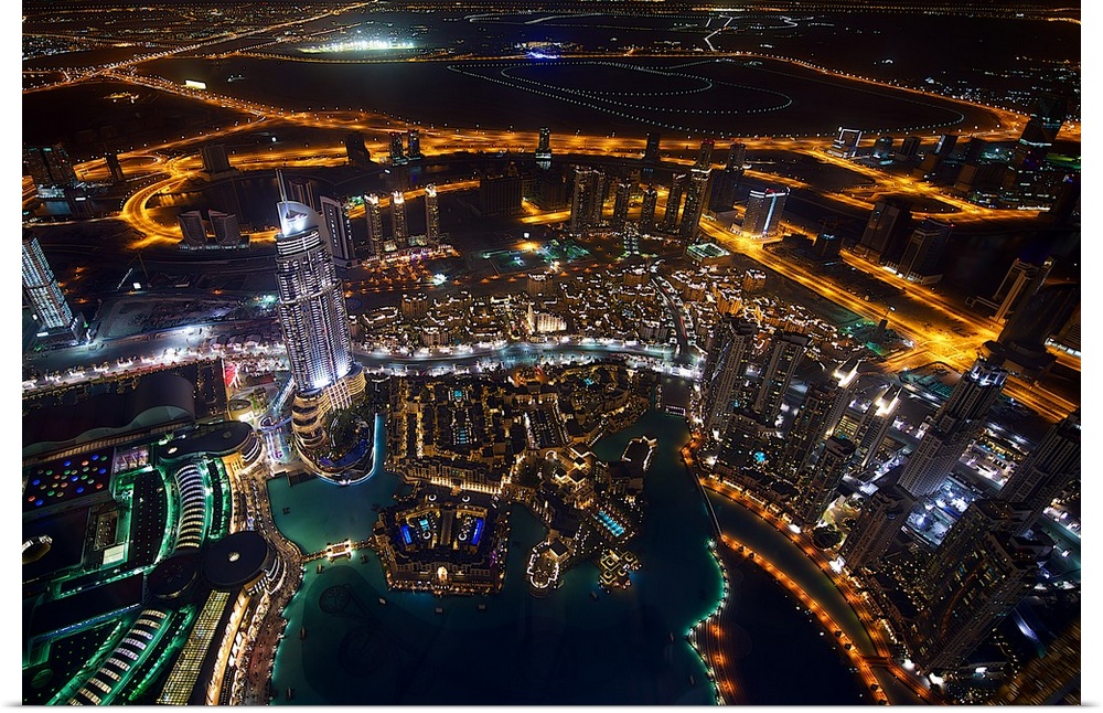 Glowing cityscape view of Dubai at night.