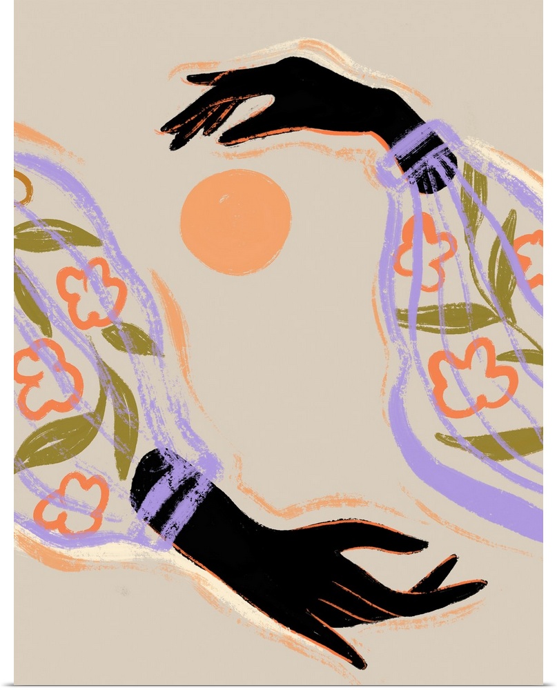 A contemporary illustration of two dark black hands in flowery sleeves around an orange orb representing the sun