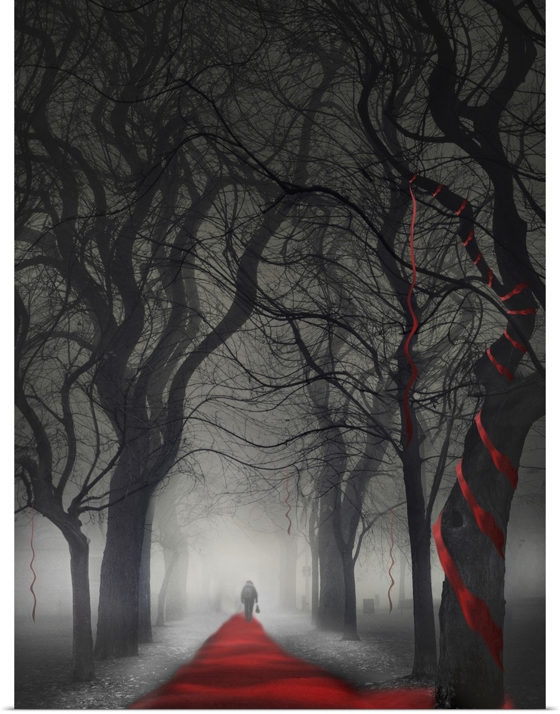 A figure walking to the end of a red path in a forest, which twists up into the curvy trees.