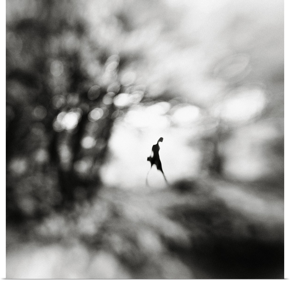 Conceptual image of a figure walking in a blurred landscape.