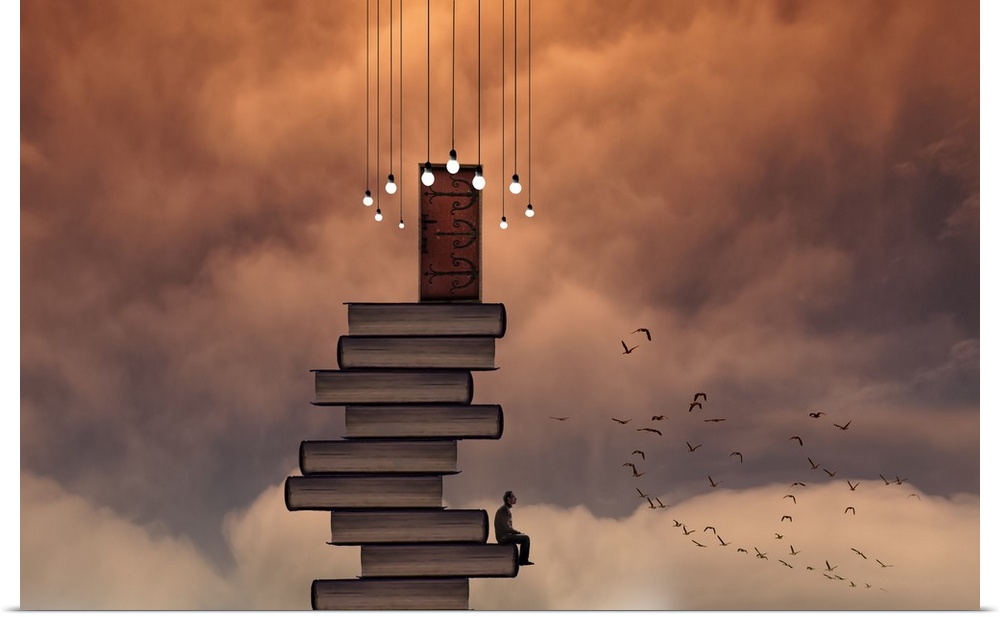 A conceptual photograph of a stack of books with a door at the top reaching the sky filled with orange clouds, with a man ...
