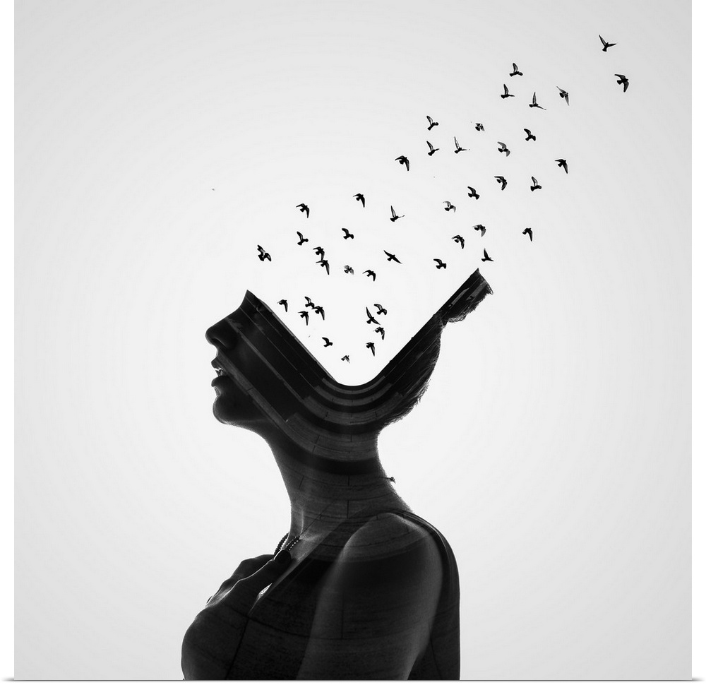 A conceptual photograph of a profile of a woman with birds flying from her head.
