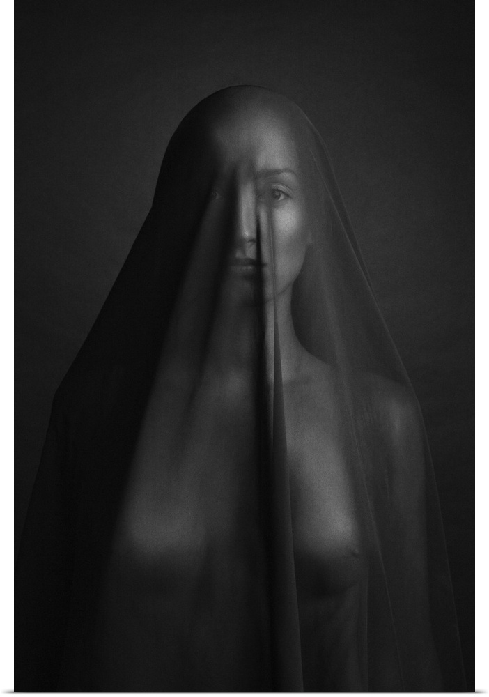 A nude woman under a sheer cloth against a dark background.