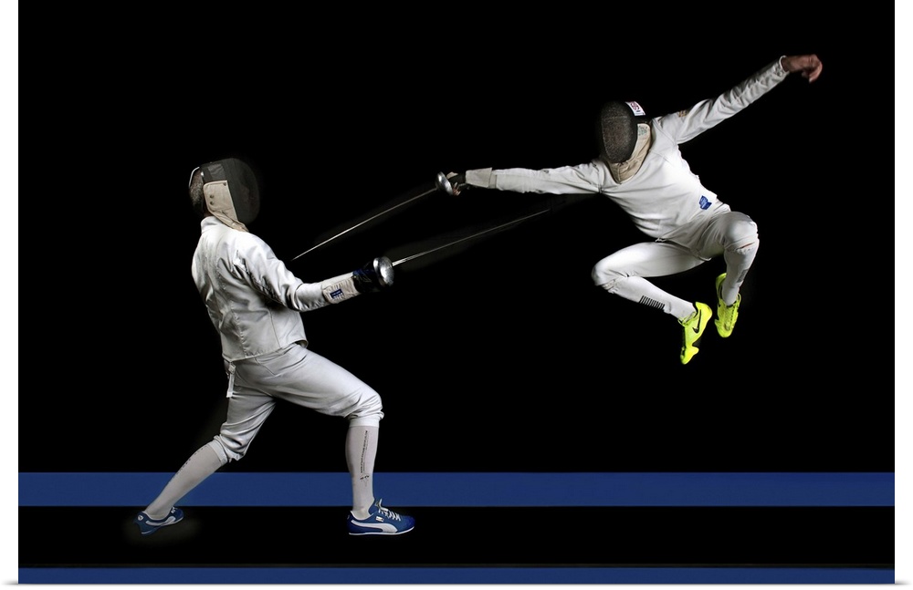 Two people fencing, one leaping into the air to strike.