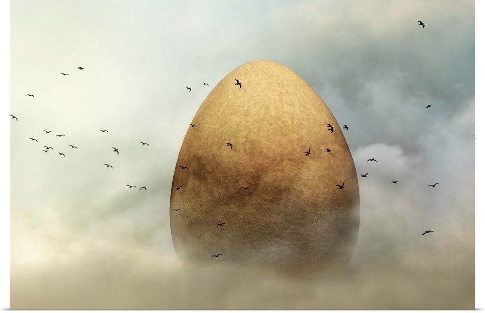 A conceptual photograph of a golden egg being surrounded by flying birds.