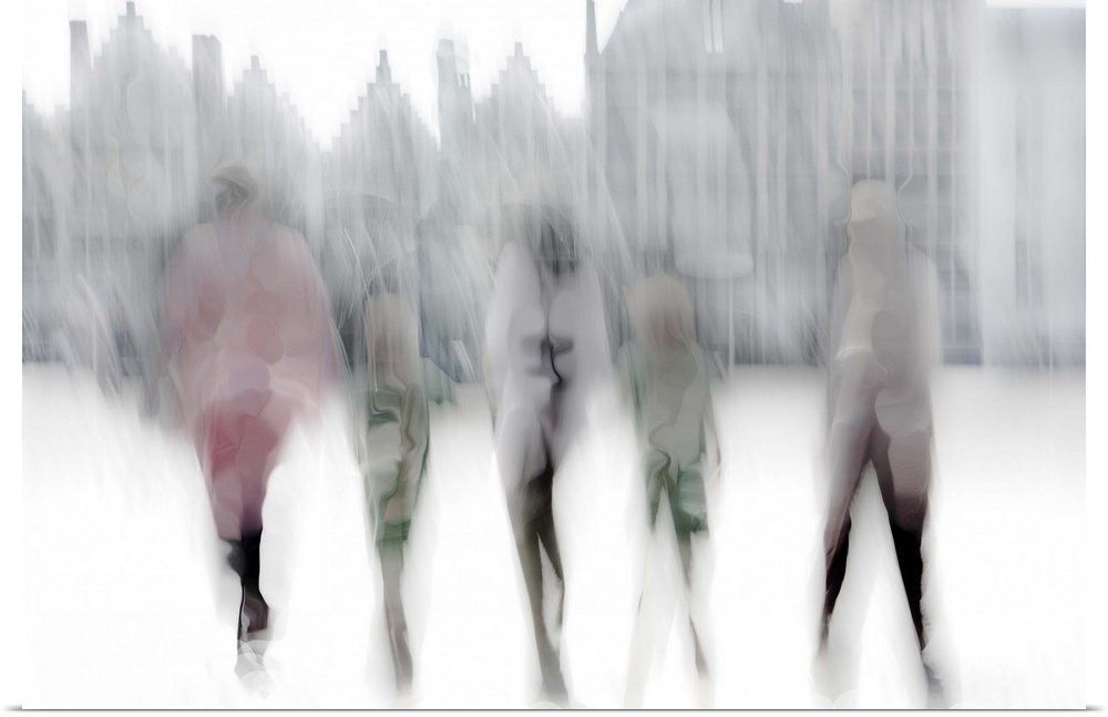 Abstract image of five figures walking in a city street, with blurred motion and altered colors.