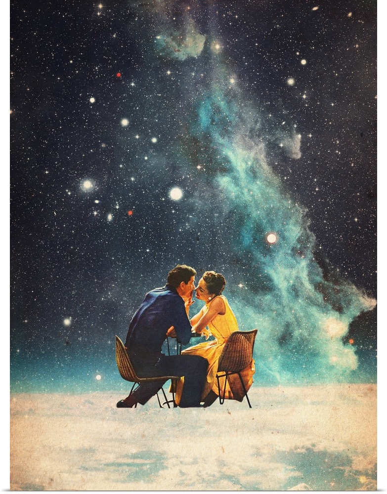 A retrofuturism surrealist collage featuring a couple kissing beneath a space nebula