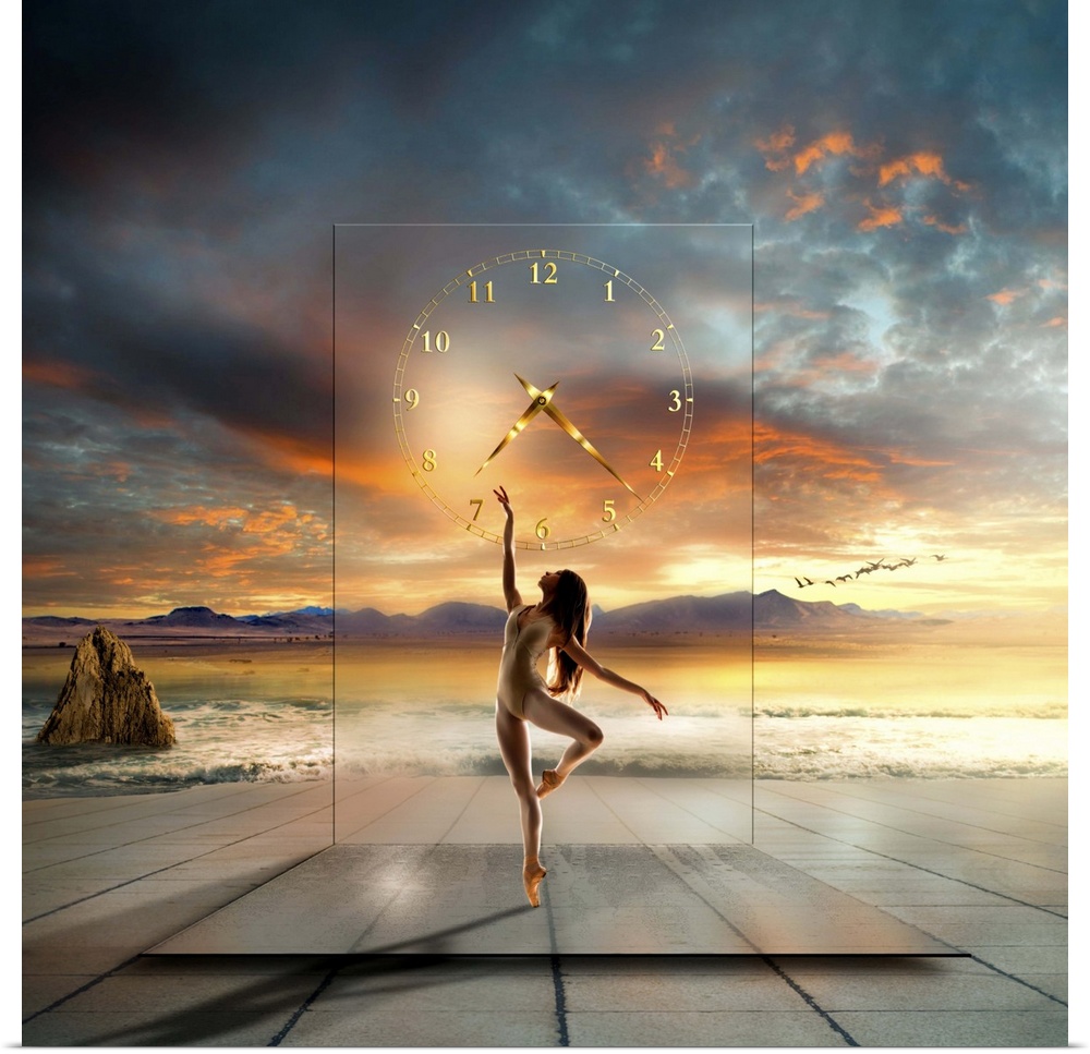 Conceptual image of a ballet dancer in front of a translucent clock with the ocean in the background.