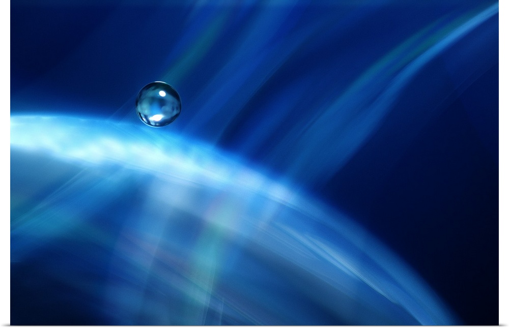 Blue abstract digital art waterscape with a rain droplet.