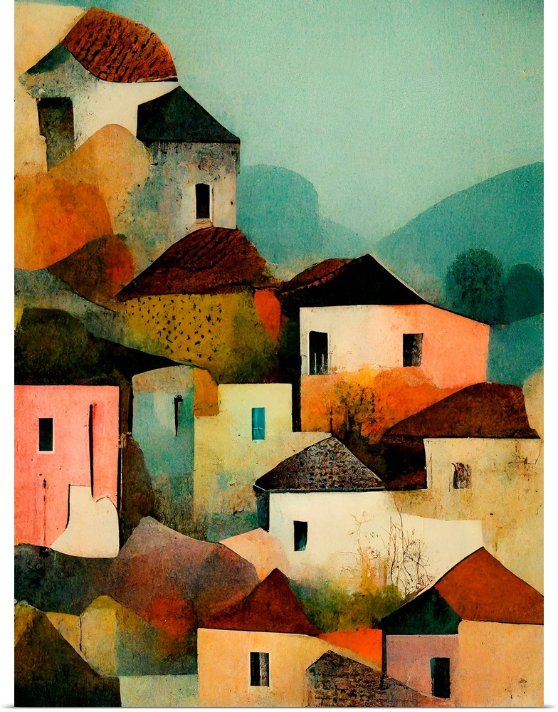 A modern painting of a group of small houses clustered on a hillside, in warm tones of peach and teal