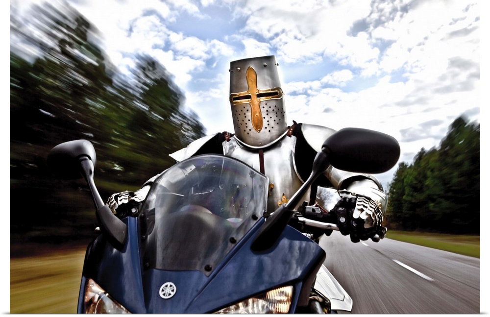 Conceptual image of a knight wearing a suit of armor driving a motorcycle.