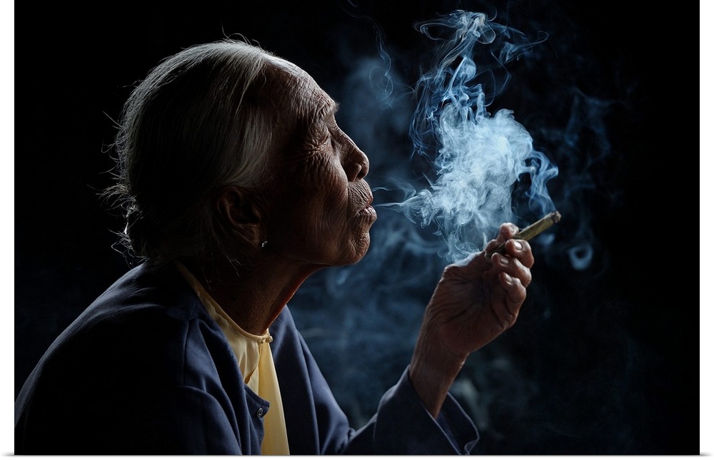 A profile portrait of an old woman with smoke pouring from her mouth.