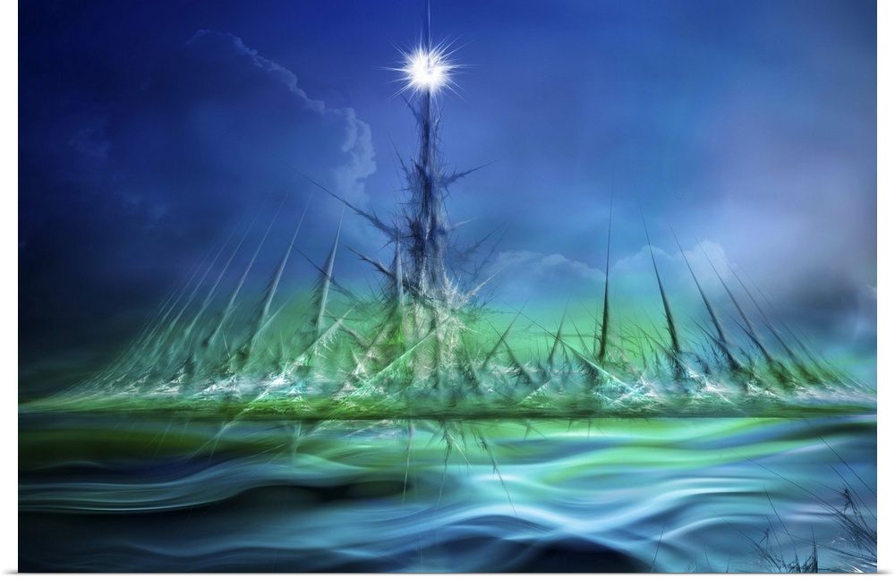 Abstract digital art with Northern Lights colors, long sharp lines, and clouds over water.