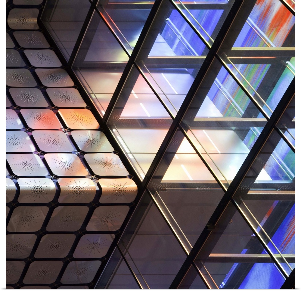 Metal beams with colored glass of the Netherlands Institute for Sound and Vision (Nederlands Instituut voor Beeld en Gelui...