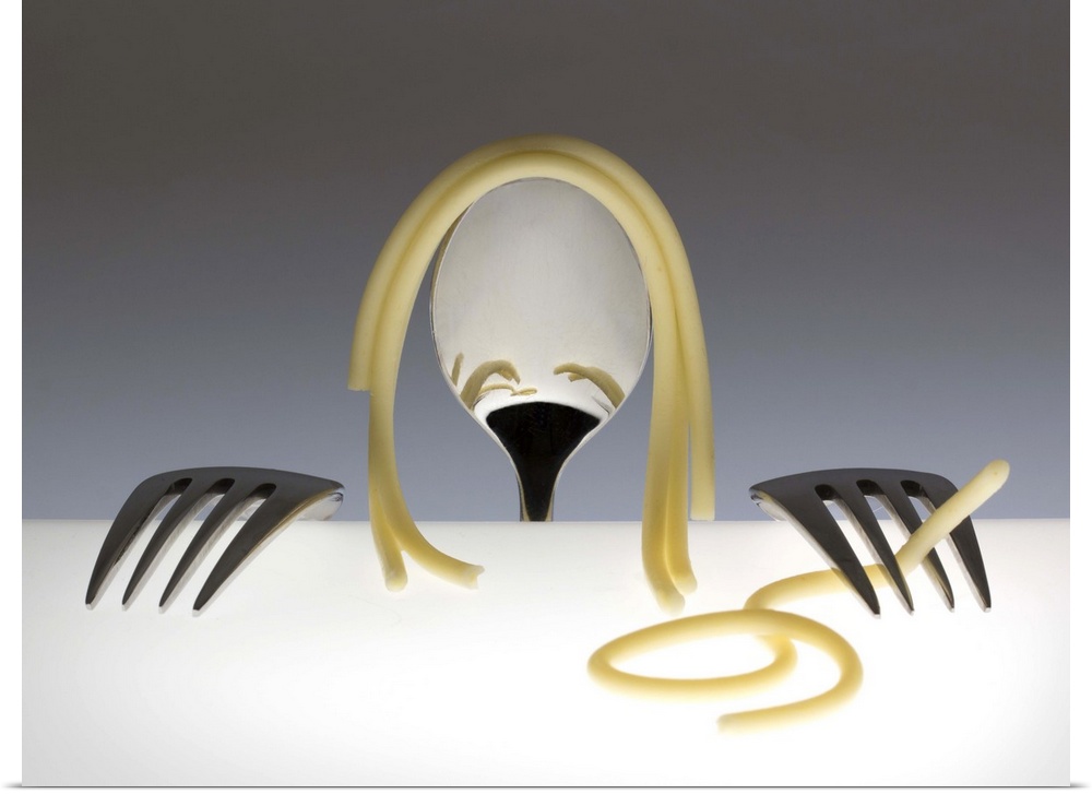 Conceptual image of a spoon and two forks resembling a person, playing with spaghetti.