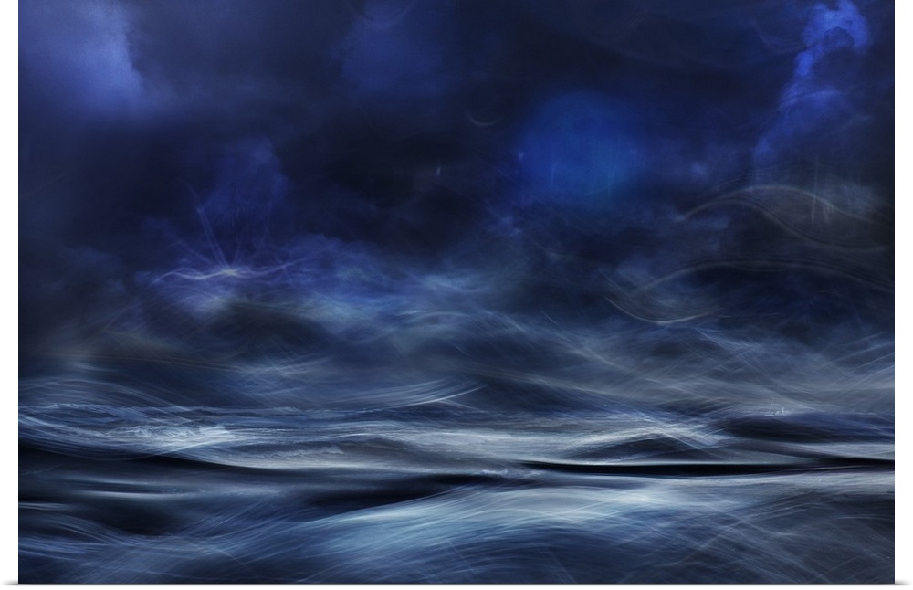 Abstract digital art with blue, white and black hues resembling a waterscape.