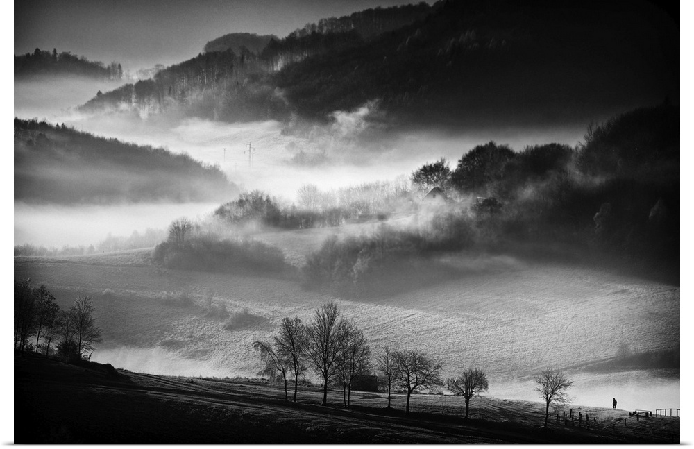 Black and white image of a foggy valley in the morning.