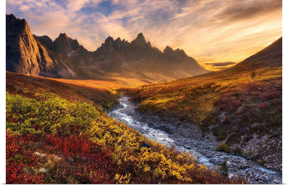 Beautiful sunset light and colorful tundra looking toward Tombstone Mountain during Autumn in the Ogilvie Mountain wildern...