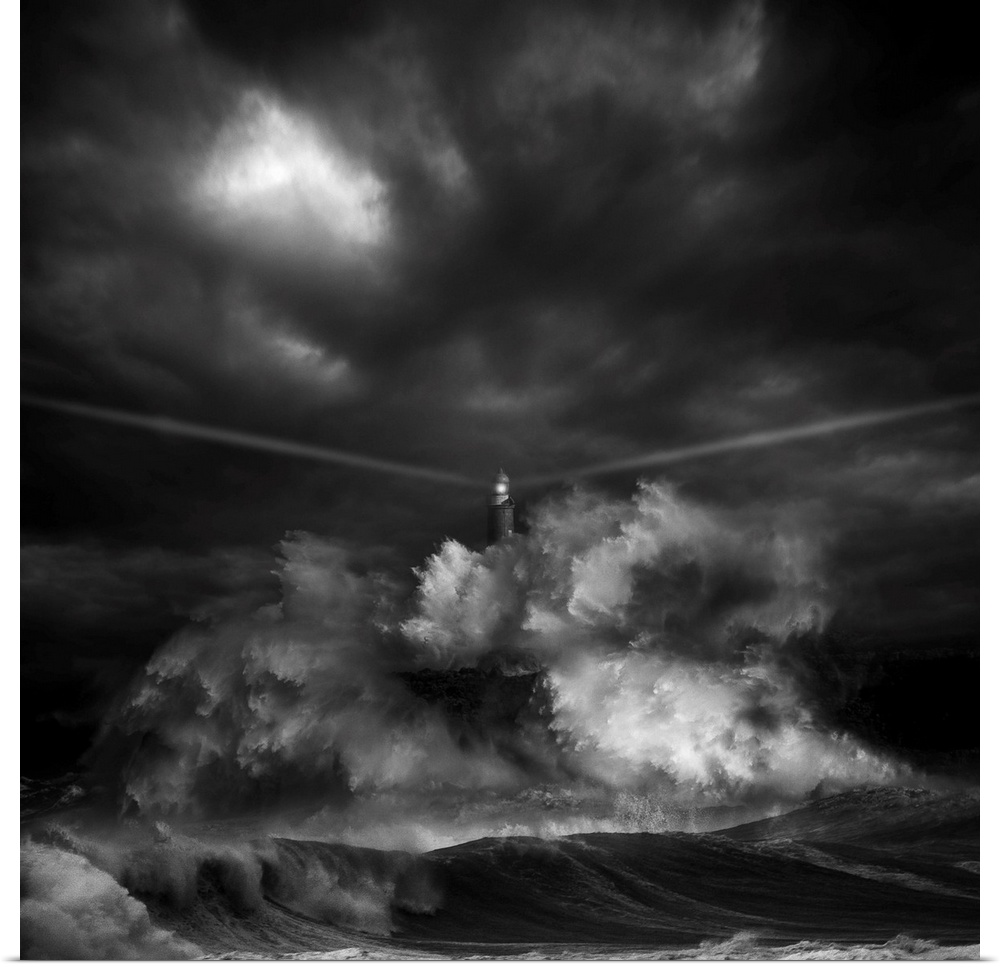A black and white photograph of a lighthouse with light beaming from it's sides while a massive wave crashes against it.