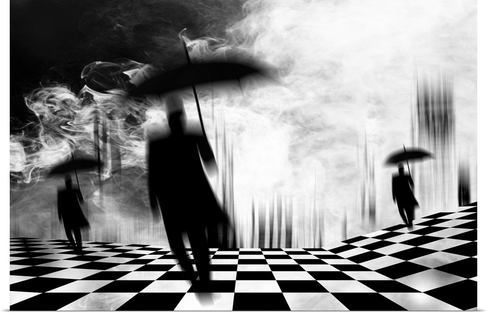 Conceptual image of dark figures with umbrellas on a checkered field, with smoke in the air.