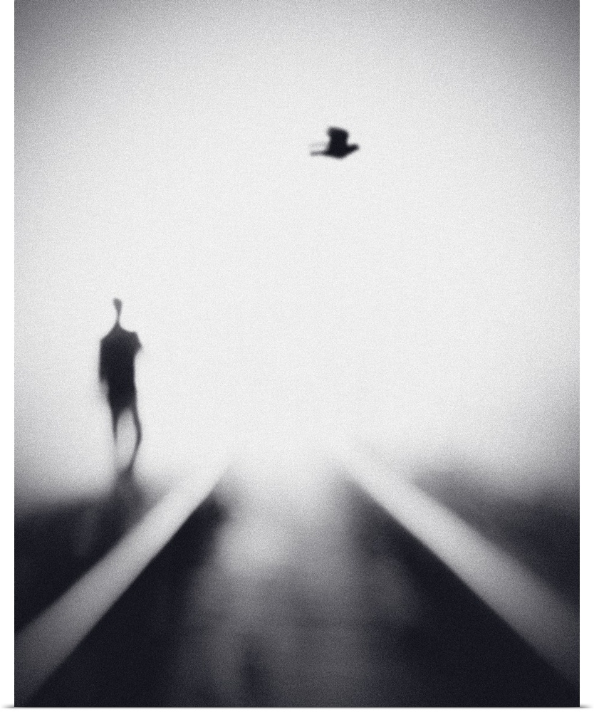 Soft focus image of a man walking near rails with a bird overhead.