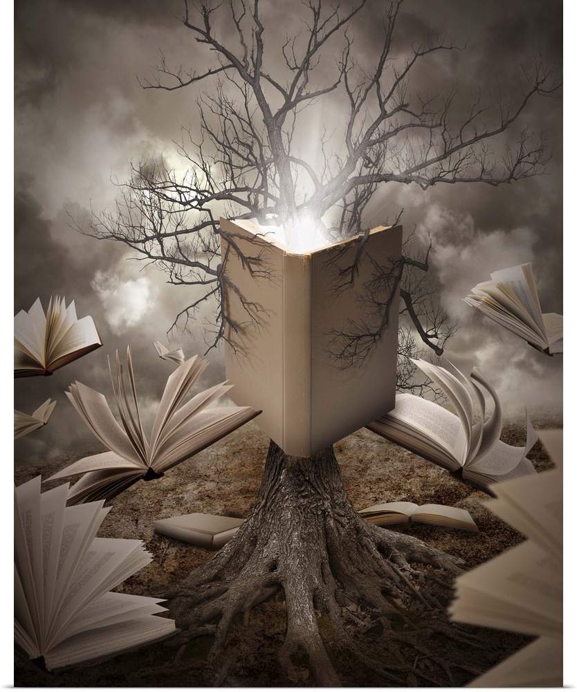 A tree with roots is reading a story with books floating around it on a brown old landscape.