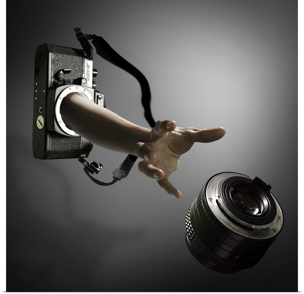 Conceptual image of an arm reaching out of a film camera towards a falling lens.