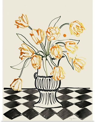 Orange Tulips In A Vase With Checkered Diamonds