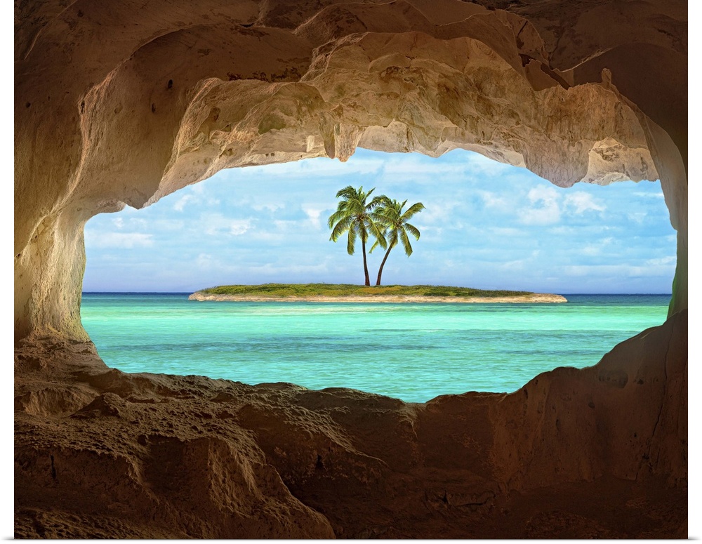 An old Indian cave located on a remoteTurks and Caicos Island. Beautiful Caribbean sea glowing and warm sunlight bathing s...