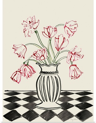 Pink Tulips In A Vase With Checkered Diamonds