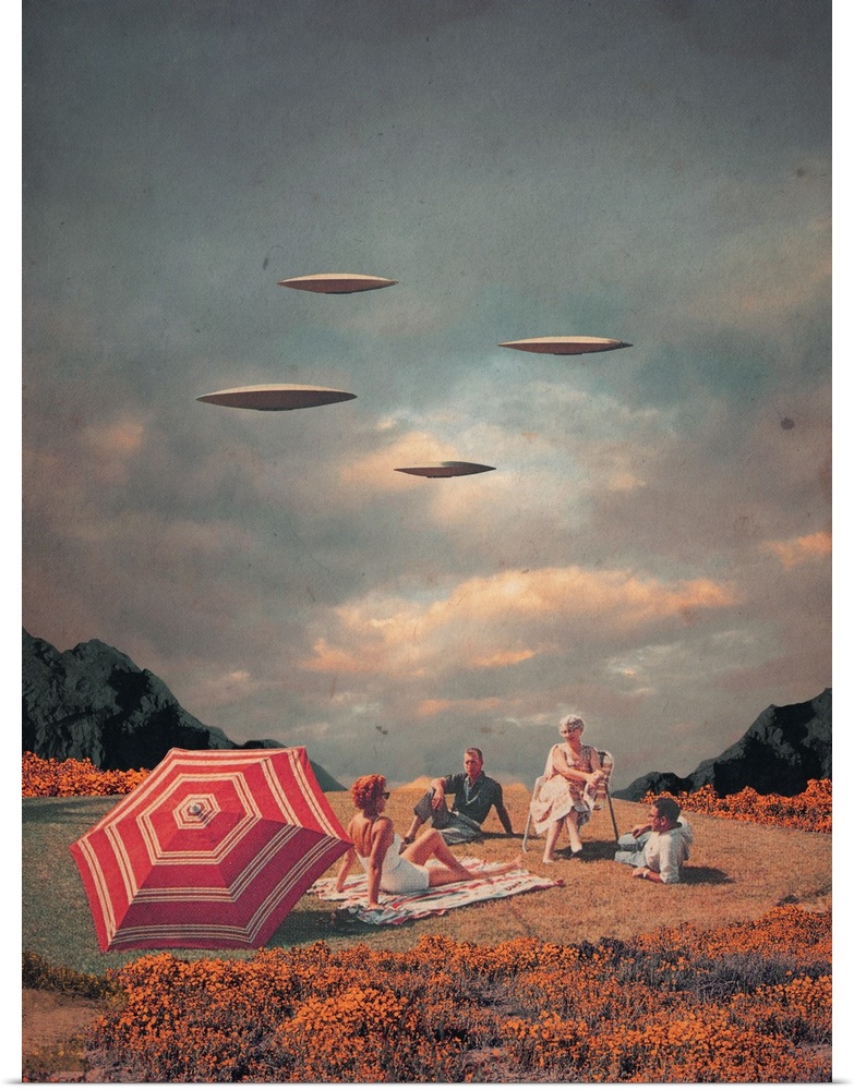 A retrofuturism surrealist collage featuring two couples having a picnic in a field while flying saucers fill the sky abov...