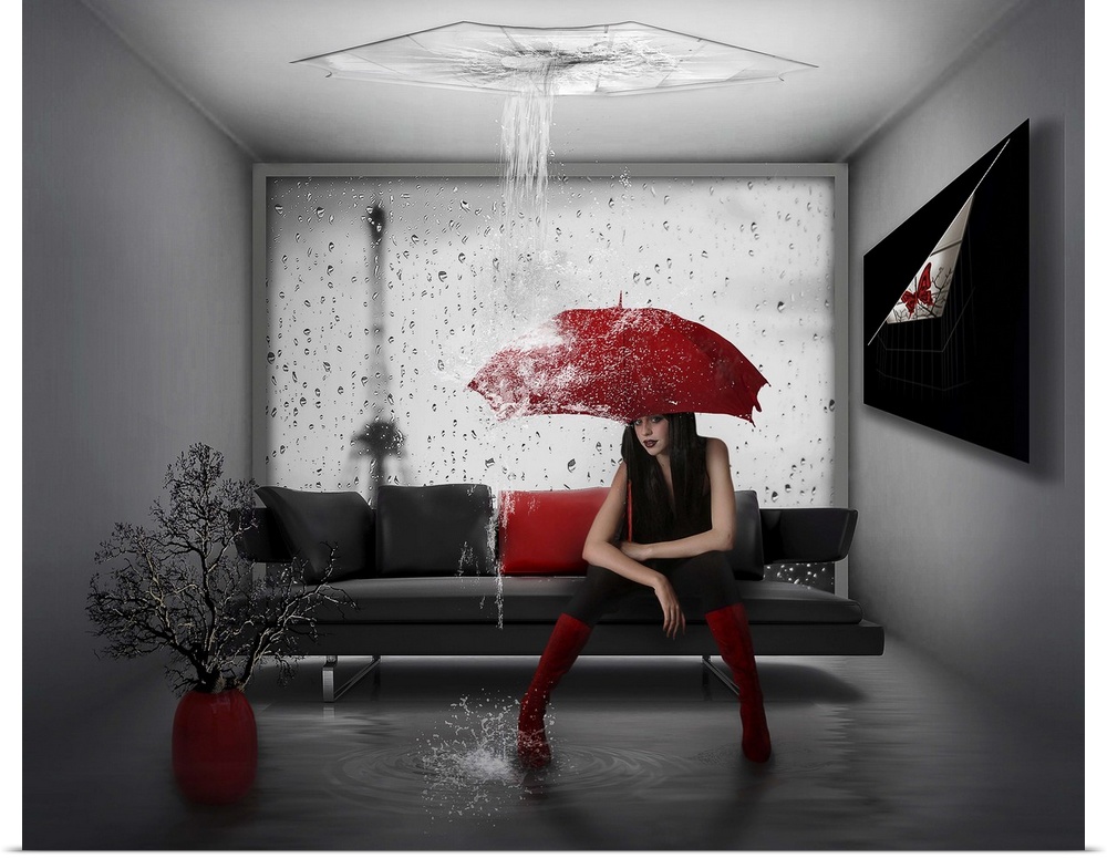 Conceptual image of a woman with a red umbrella in a room filling up with water.