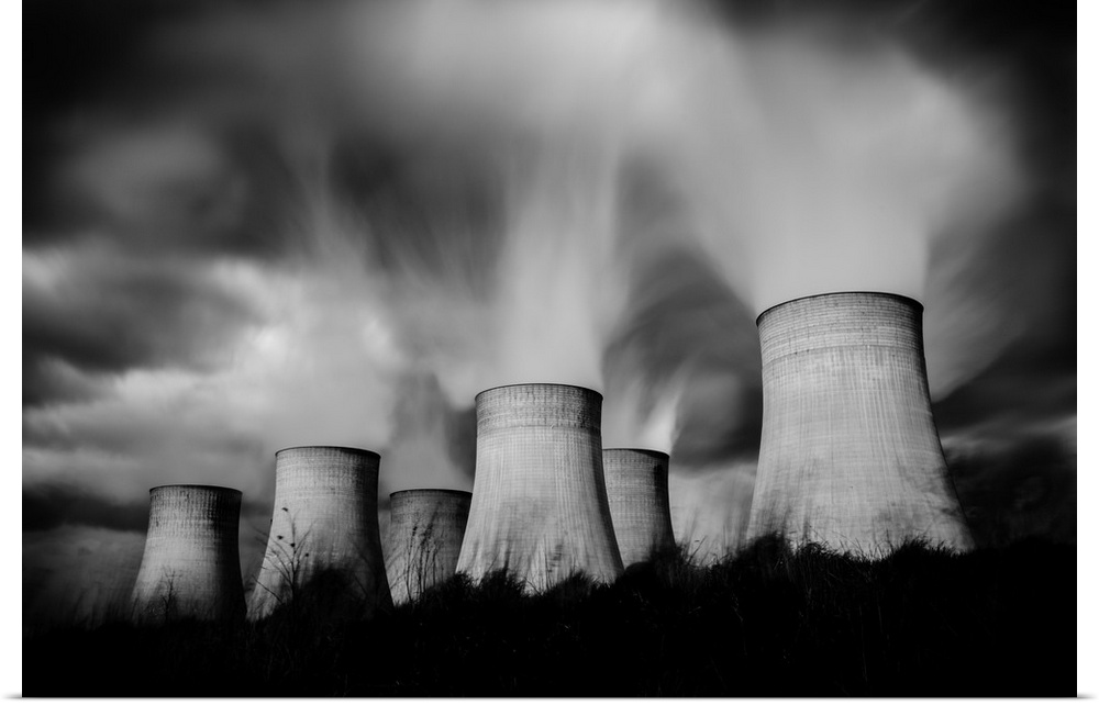 black and white image of several cooling towers near Nottingham, England.