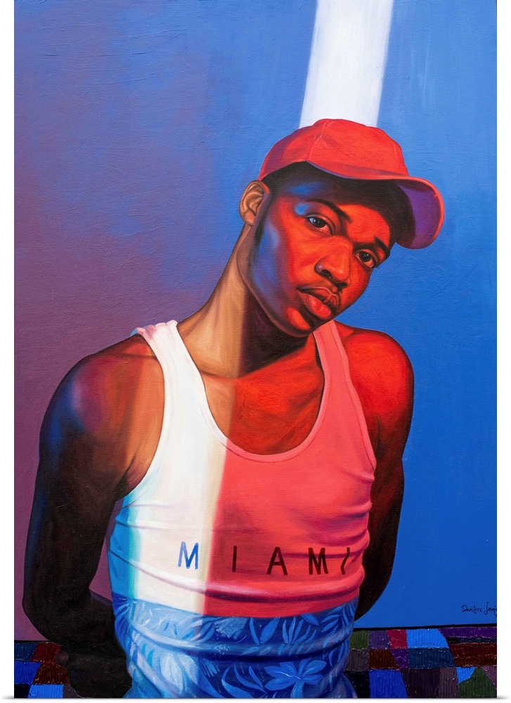 A contemporary portrait of a young Black man in street clothes