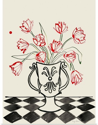 Red Tulips In A Vase With Checkered Diamonds
