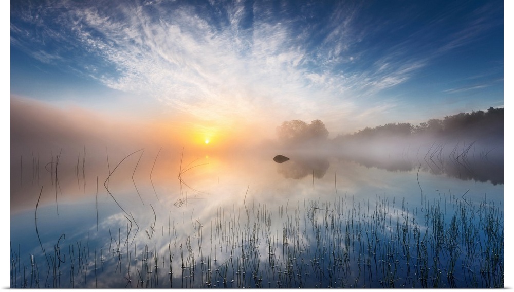 Sunrise in the countryside causing a blanket of fog to appear over the lake the sun and trees are reflected in.