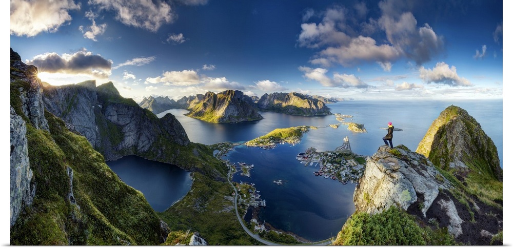 A panoramic view of the stunning vista of Reinebringen, Norway.