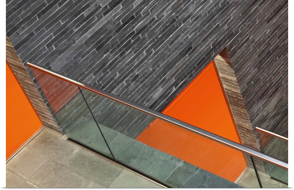 Abstract image of the brick walls and orange floors of a museum in Hilversum, Netherlands.