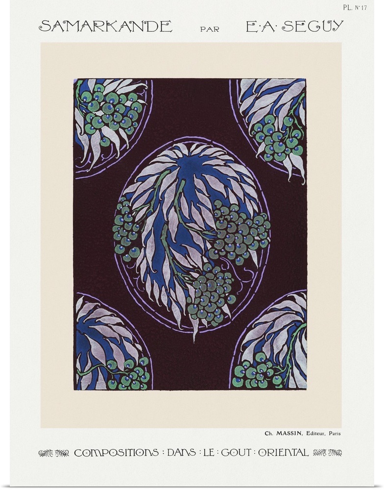 Fruit tree pattern Art Nouveau pochoir print in oriental style.