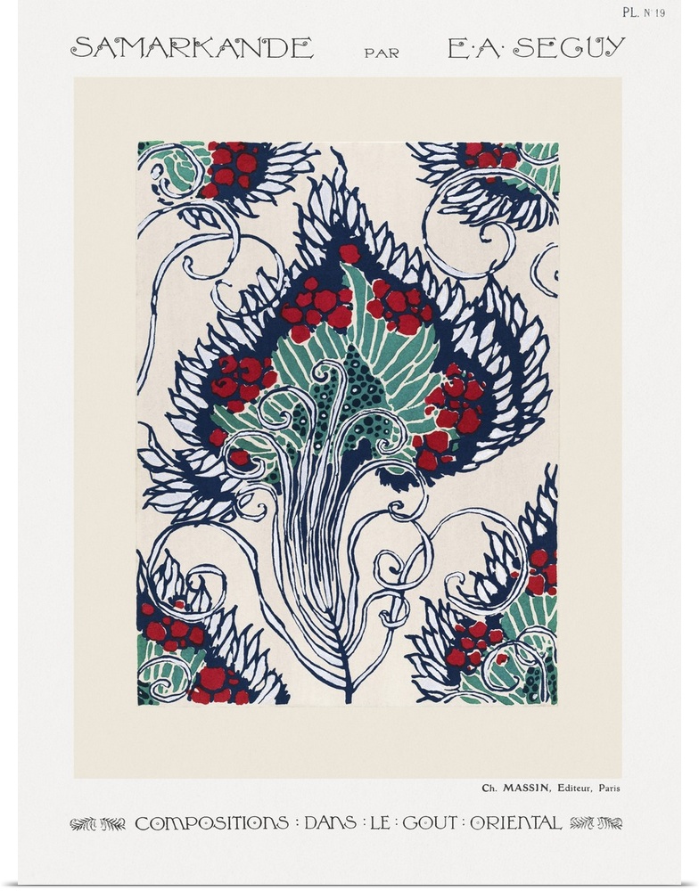 Botanical pochoir pattern in Art Nouveau oriental style.