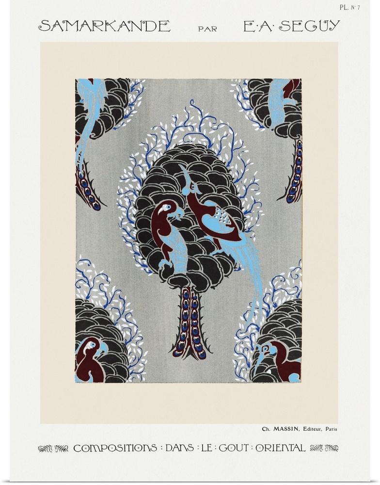 Art Nouveau bird pattern pochoir print in oriental style.