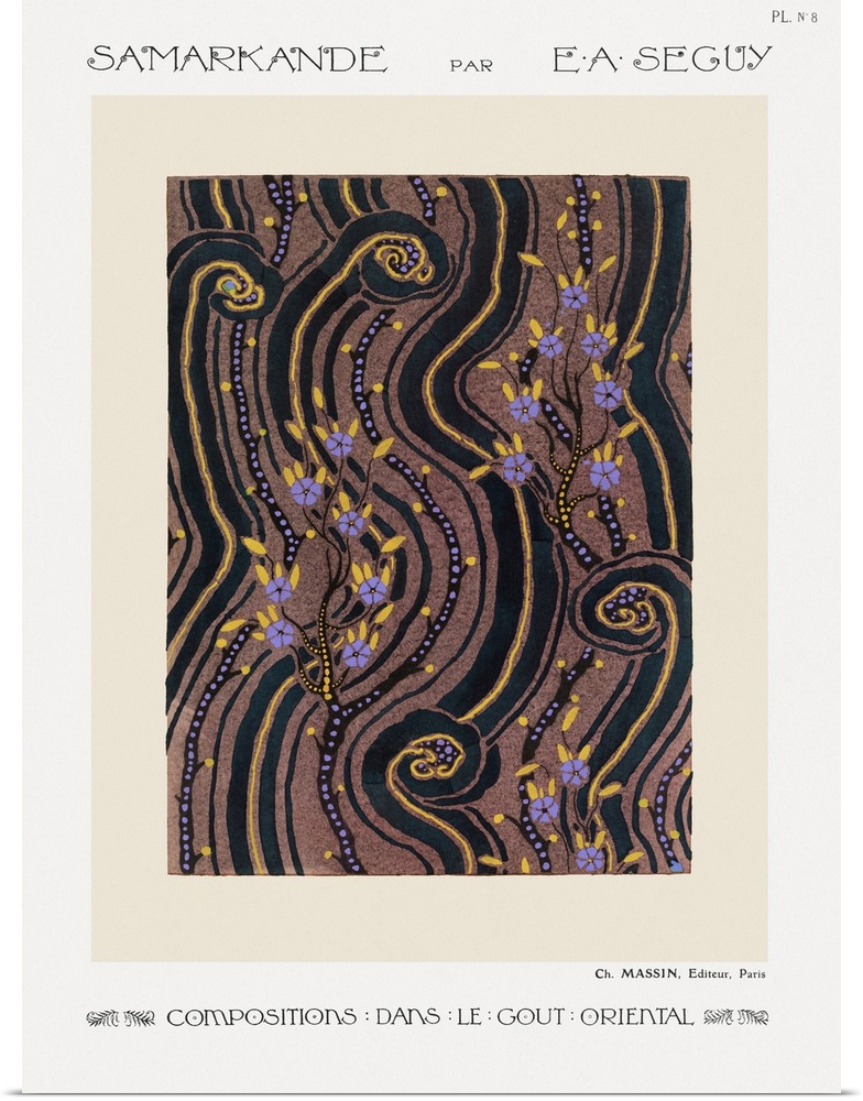 Art Deco Flower pattern pochoir print in oriental style.