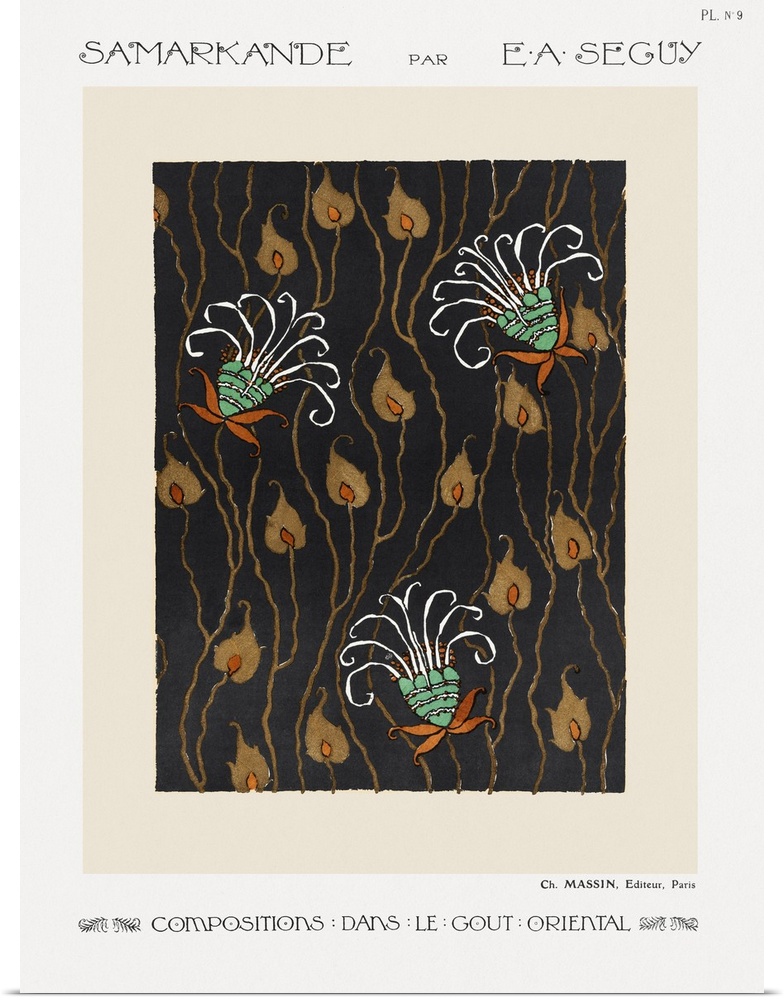 Art Deco Flower pattern pochoir print in oriental style.