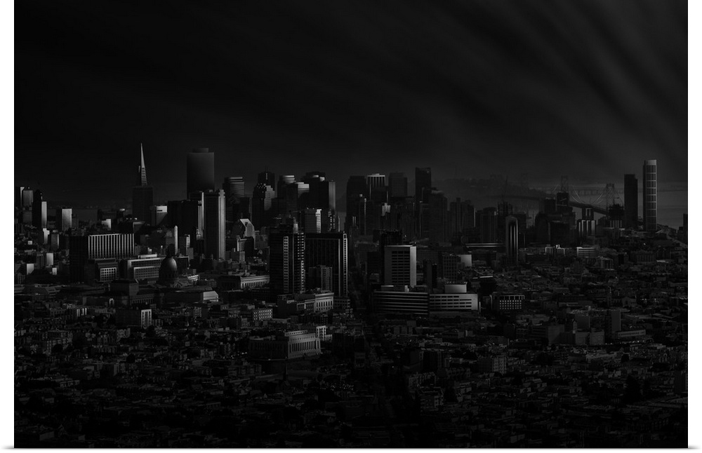 Black and white skyline of San Francisco, California, at night.