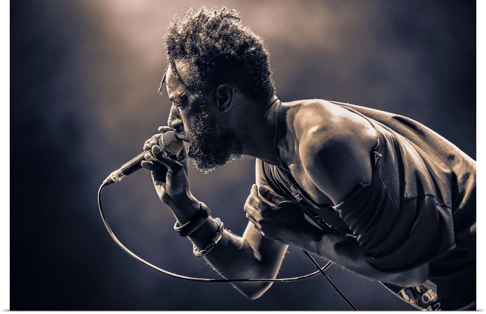 Saul Williams performing on stage at Musiques en Stock music festival in Cluses, France.